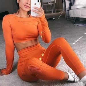 Bright Orange 2 pc Workout Yoga Gym Set Top Mesh S